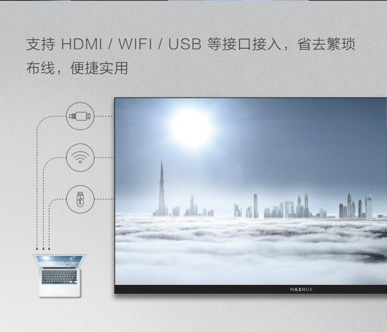 支持HDMI/WIFI/USB等接口接入，省去繁琐布线，便捷实用